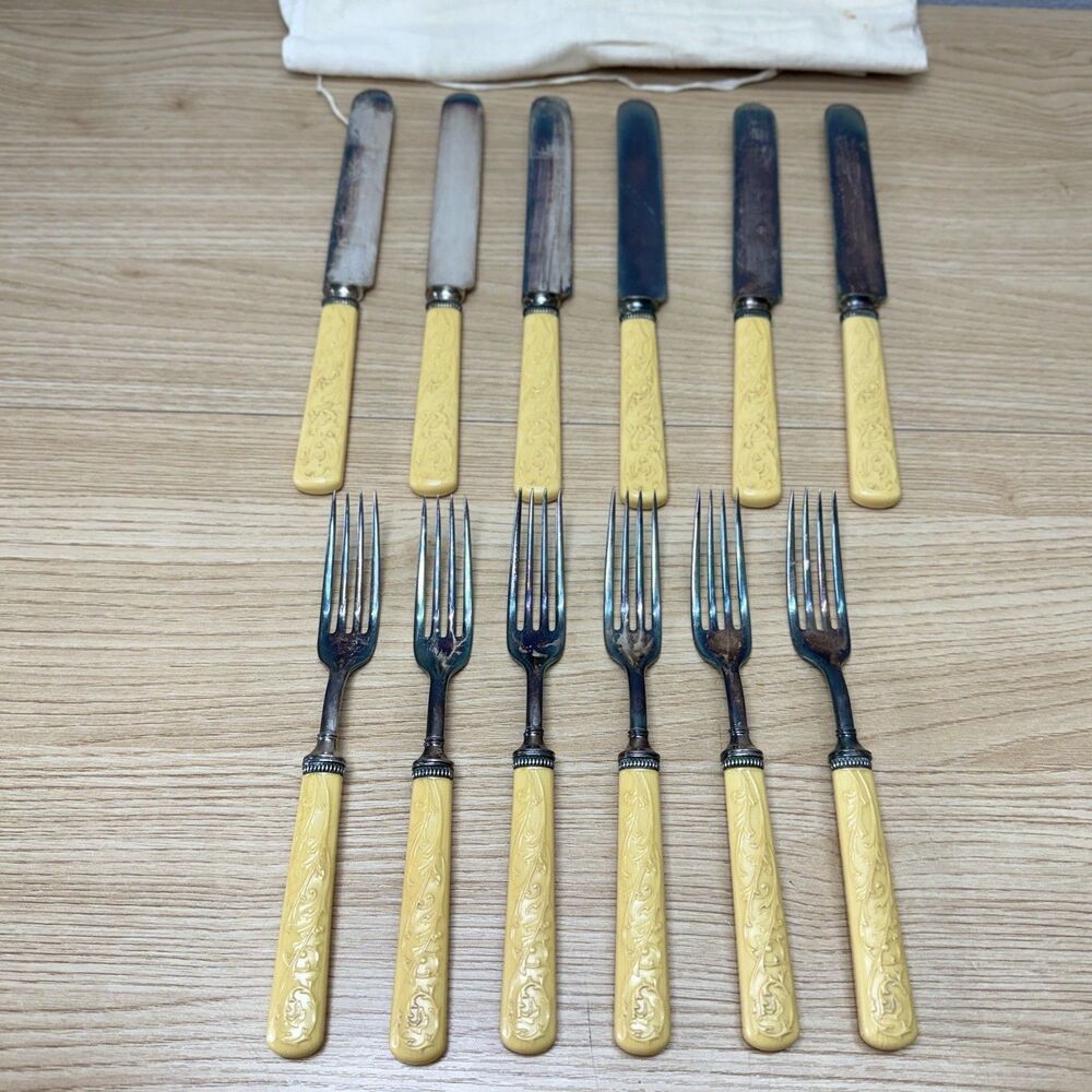 12 Pc Landers Frary & Clark Knives & Forks Bakelite Handles w/ Sterling Bolster
